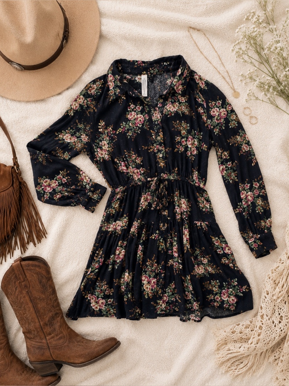 American Rag Floral Boho Mini Dress XS Brunch Long Sleeve Drawstring